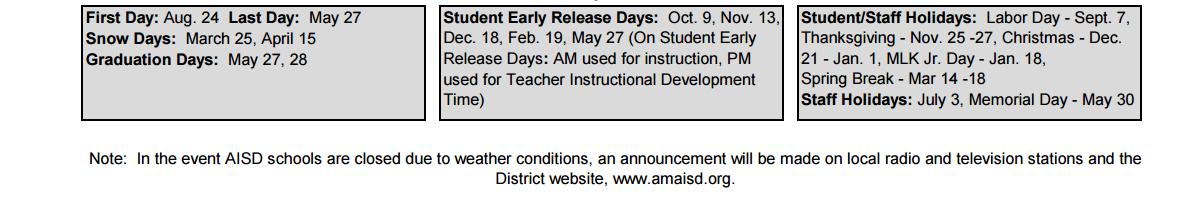District School Academic Calendar Key for Fannin Middle