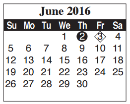 District School Academic Calendar for Egly Elementary for June 2016