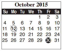District School Academic Calendar for Egly Elementary for October 2015