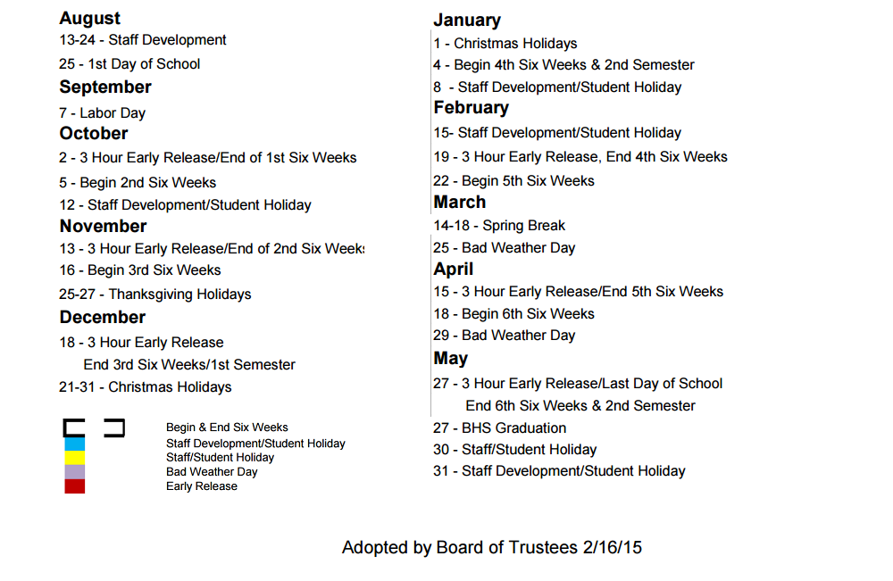 Middle School School District Instructional Calendar