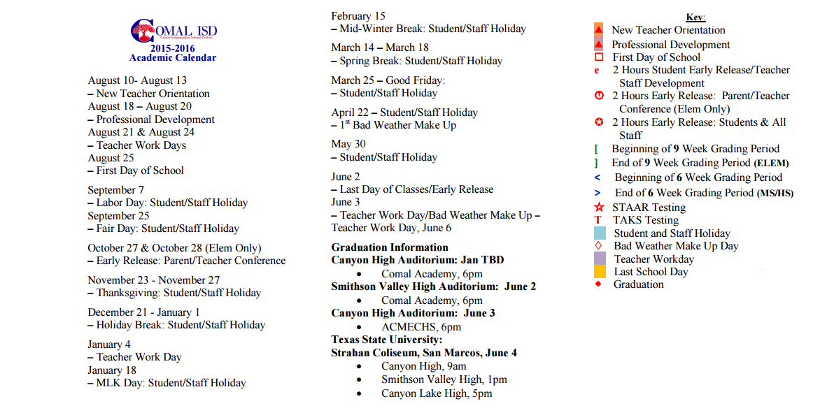 District School Academic Calendar Key for Canyon High School