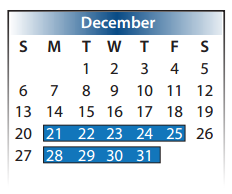 District School Academic Calendar for Kahla Middle School for December 2015