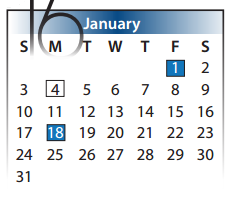 District School Academic Calendar for Kahla Middle School for January 2016