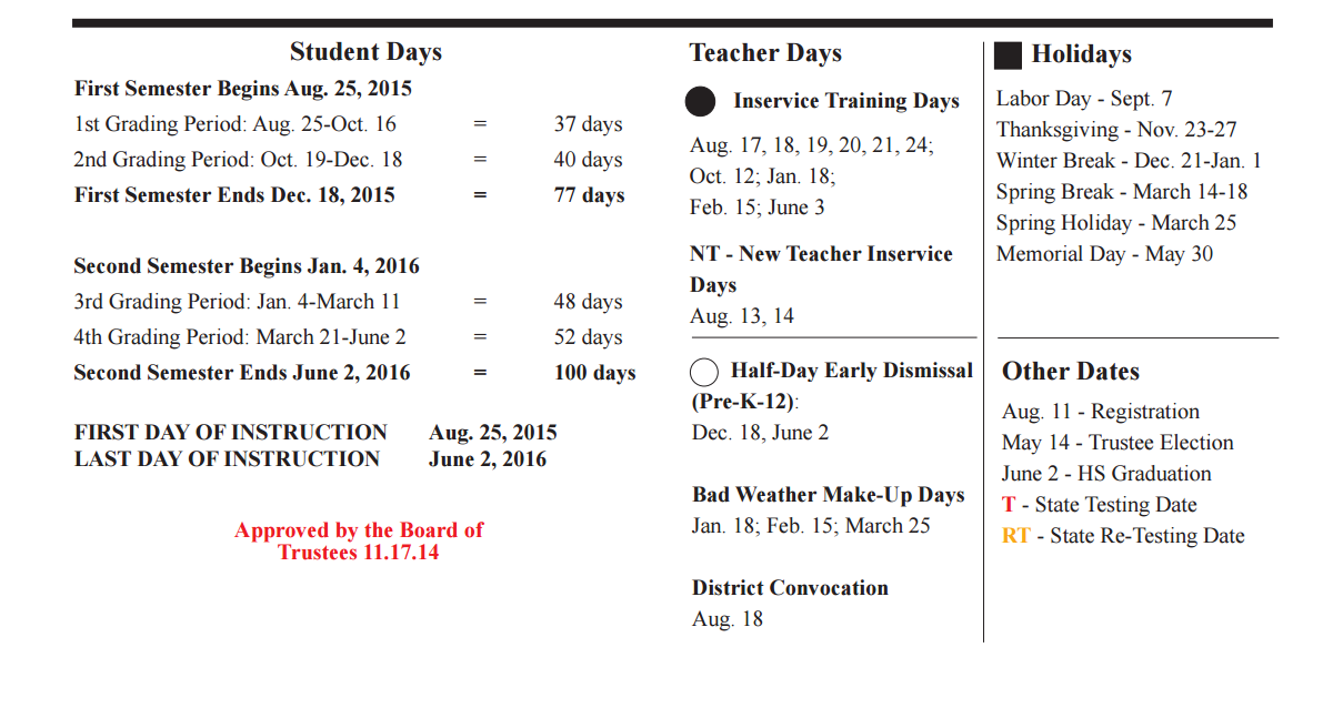 District School Academic Calendar Key for Bonnette Jr High
