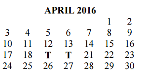 District School Academic Calendar for John P Ojeda Jr High for April 2016
