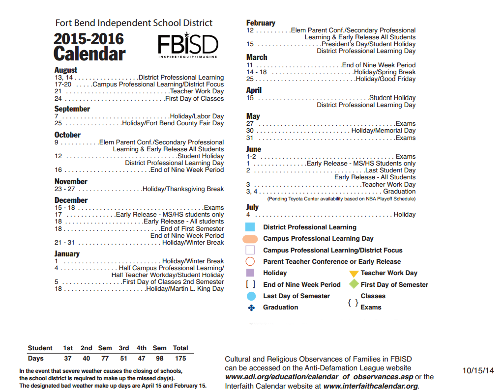Schiff Elementary School District Instructional Calendar Fort Bend