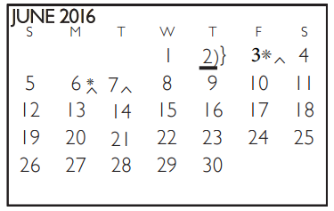 District School Academic Calendar for J T Stevens Elementary for June 2016