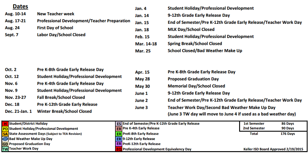 District School Academic Calendar Key for Parkview Elementary