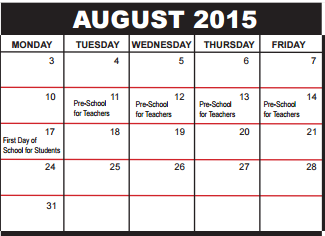 District School Academic Calendar for Palm Beach County Superintendent's Office for August 2015