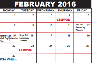District School Academic Calendar for Palm Beach County Superintendent's Office for February 2016