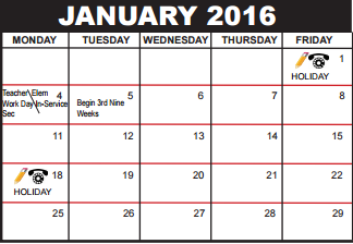 District School Academic Calendar for Palm Beach County Superintendent's Office for January 2016