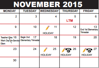 District School Academic Calendar for Palm Beach County Superintendent's Office for November 2015