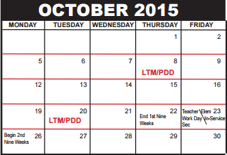 District School Academic Calendar for Palm Beach County Superintendent's Office for October 2015