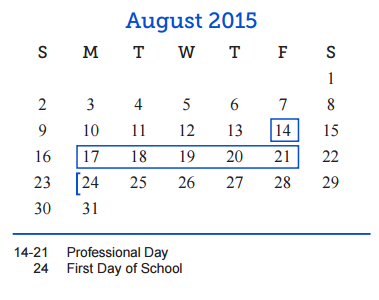 District School Academic Calendar for Central Freshman Campus for August 2015