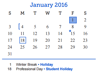 District School Academic Calendar for Central Freshman Campus for January 2016