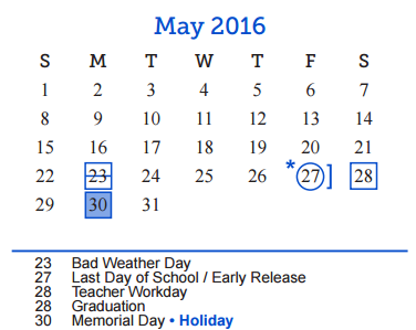 District School Academic Calendar for Central Freshman Campus for May 2016
