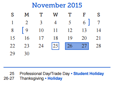 District School Academic Calendar for Central Freshman Campus for November 2015