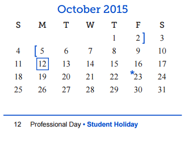 District School Academic Calendar for Central Freshman Campus for October 2015