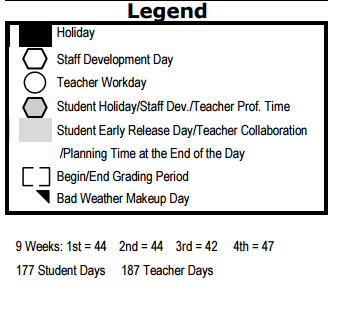 District School Academic Calendar Legend for Whittier Middle