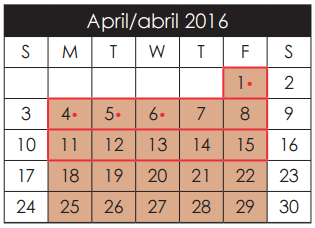 District School Academic Calendar for John Drugan School for April 2016