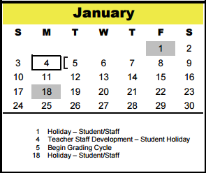 District School Academic Calendar for Memorial Middle for January 2016