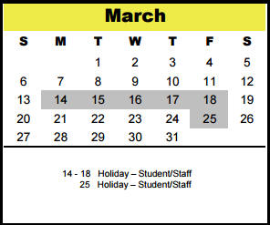 District School Academic Calendar for Memorial Middle for March 2016