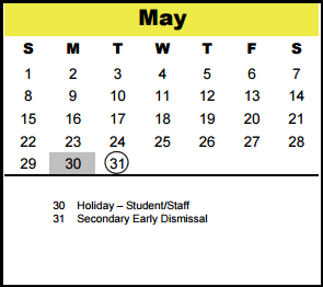 District School Academic Calendar for Memorial Middle for May 2016