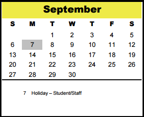 District School Academic Calendar for Memorial Middle for September 2015