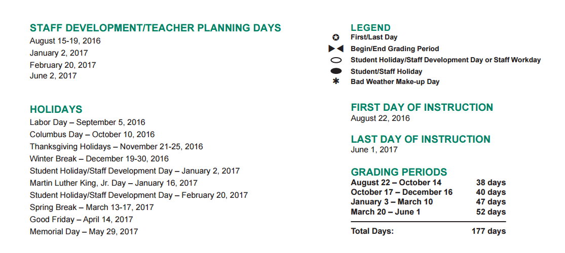 District School Academic Calendar Key for Albright Middle