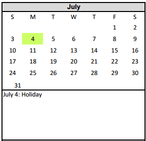 District School Academic Calendar for Fannin Middle for July 2016