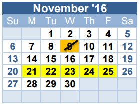 District School Academic Calendar for John D Spicer Elementary for November 2016