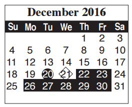 District School Academic Calendar for Egly Elementary for December 2016