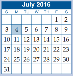 District School Academic Calendar for Mccullough Junior High School for July 2016