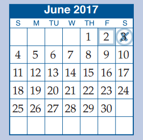 District School Academic Calendar for Mccullough Junior High School for June 2017
