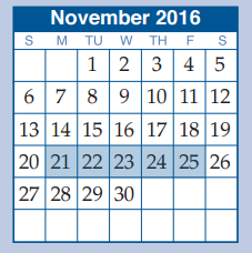 District School Academic Calendar for Mccullough Junior High School for November 2016