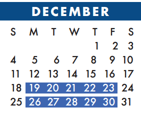 District School Academic Calendar for Kahla Middle School for December 2016