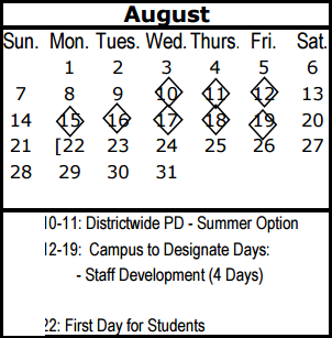 District School Academic Calendar for Hector Garcia Middle School for August 2016