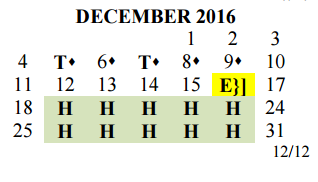 District School Academic Calendar for John P Ojeda Jr High for December 2016