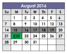 District School Academic Calendar for J T Stevens Elementary for August 2016