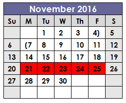 District School Academic Calendar for J T Stevens Elementary for November 2016