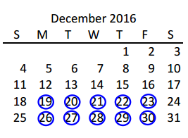 District School Academic Calendar for Frisco High School for December 2016