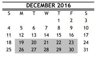 District School Academic Calendar for Rebuild Hisd Campus for December 2016