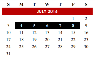 District School Academic Calendar for Manor Middle School for July 2016