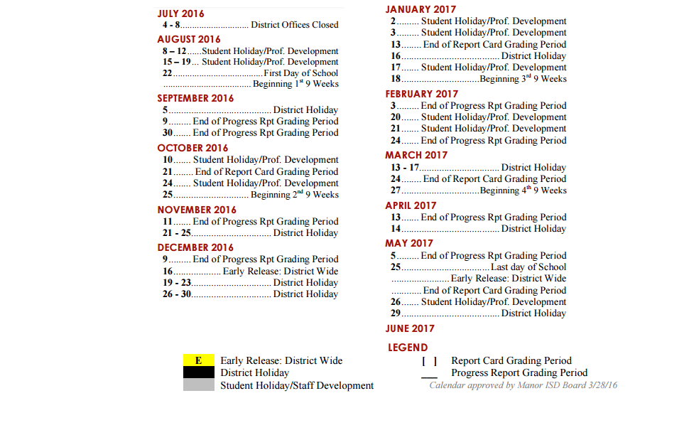 District School Academic Calendar Key for Manor Middle School