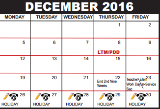 District School Academic Calendar for Palm Beach County Superintendent's Office for December 2016