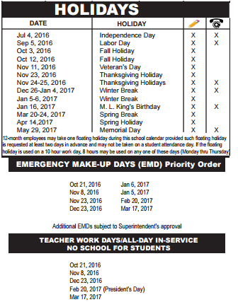 District School Academic Calendar Legend for Palm Beach County Superintendent's Office