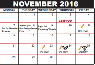 District School Academic Calendar for Palm Beach County Superintendent's Office for November 2016