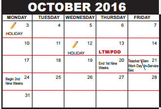District School Academic Calendar for Palm Beach County Superintendent's Office for October 2016
