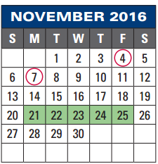 District School Academic Calendar for Rick Schneider Middle School for November 2016