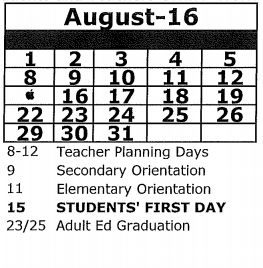 District School Academic Calendar for Fox Hollow Elementary School for August 2016